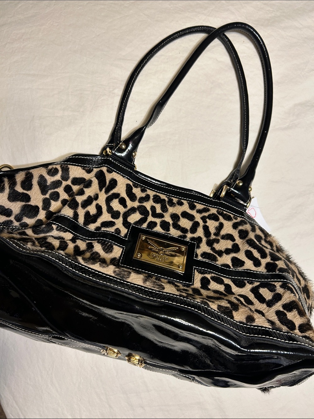 Leopard Print Shoulder Bag with Black Patent Trim